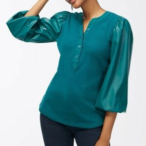 Chico's Faux Leather Puff Sleeve Henley Top Peacock Teal Size 2 LARGE NWOT